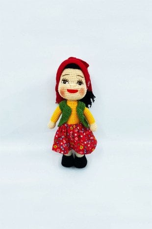 Amigurumi Organik Örgü Oyuncak Yöresel Kız Bebek / Kırmızı