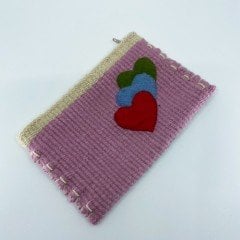 El Yapımı Kalp Desenli Kilim Dokuma Kadın Cüzdan / Pembe - Gri