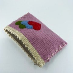 El Yapımı Kalp Desenli Kilim Dokuma Kadın Cüzdan / Pembe - Gri