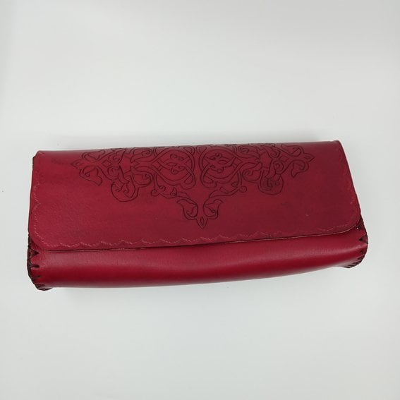 El Yapımı Damask Desenli Hakiki Deri Portföy Çanta / Bordo