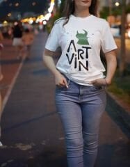 Artvin Logo Baskılı Bisiklet Yaka Tişört / Beyaz