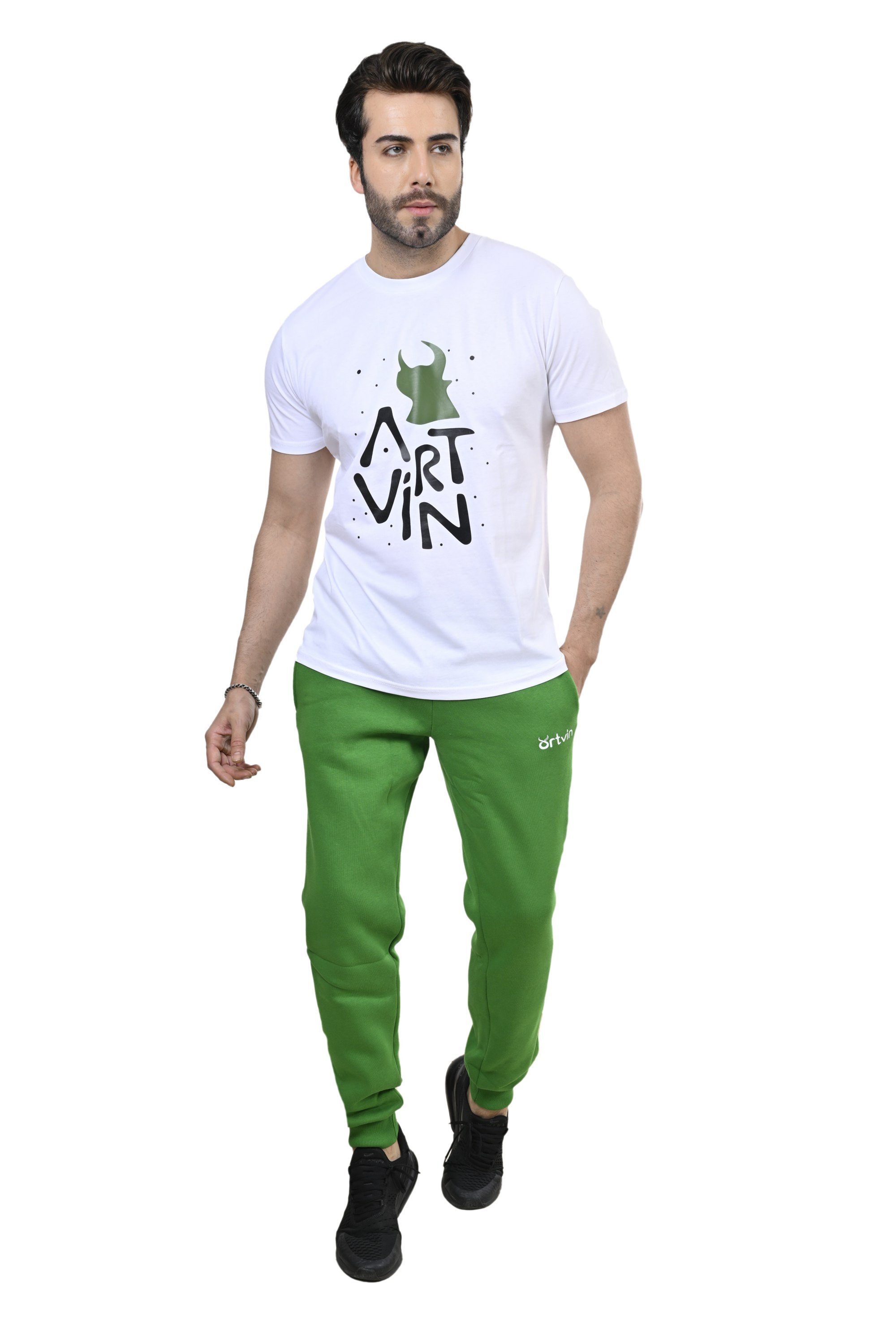 Artvin Logo Baskılı Bisiklet Yaka Tişört / Beyaz