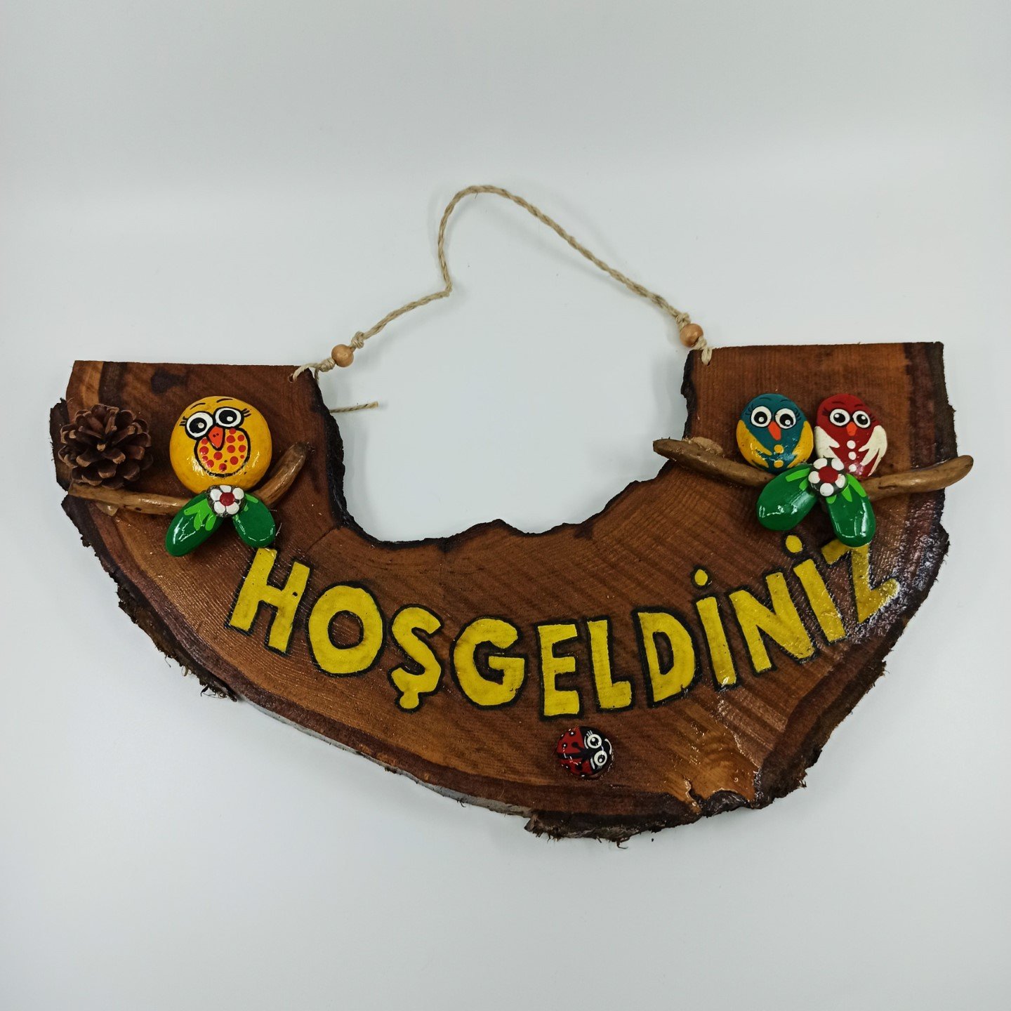 El Yapımı Dekoratif Ahşap Taşlı Hoşgeldiniz Kapı Süsü