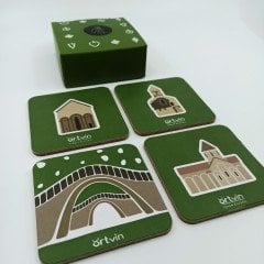 Artvin Kiliseler-Köprü 4'Lü Mantar Bardak Altlığı Set Kutulu / 9X9 CM