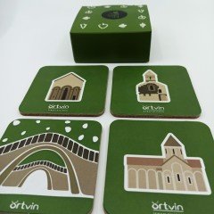 Artvin Kiliseler-Köprü 4'Lü Mantar Bardak Altlığı Set Kutulu / 9X9 CM