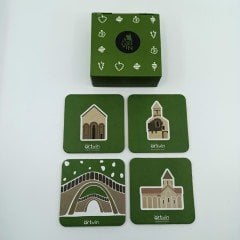 Artvin Kiliseler-Köprü 4'Lü Mantar Bardak Altlığı Set Kutulu / 9X9 CM