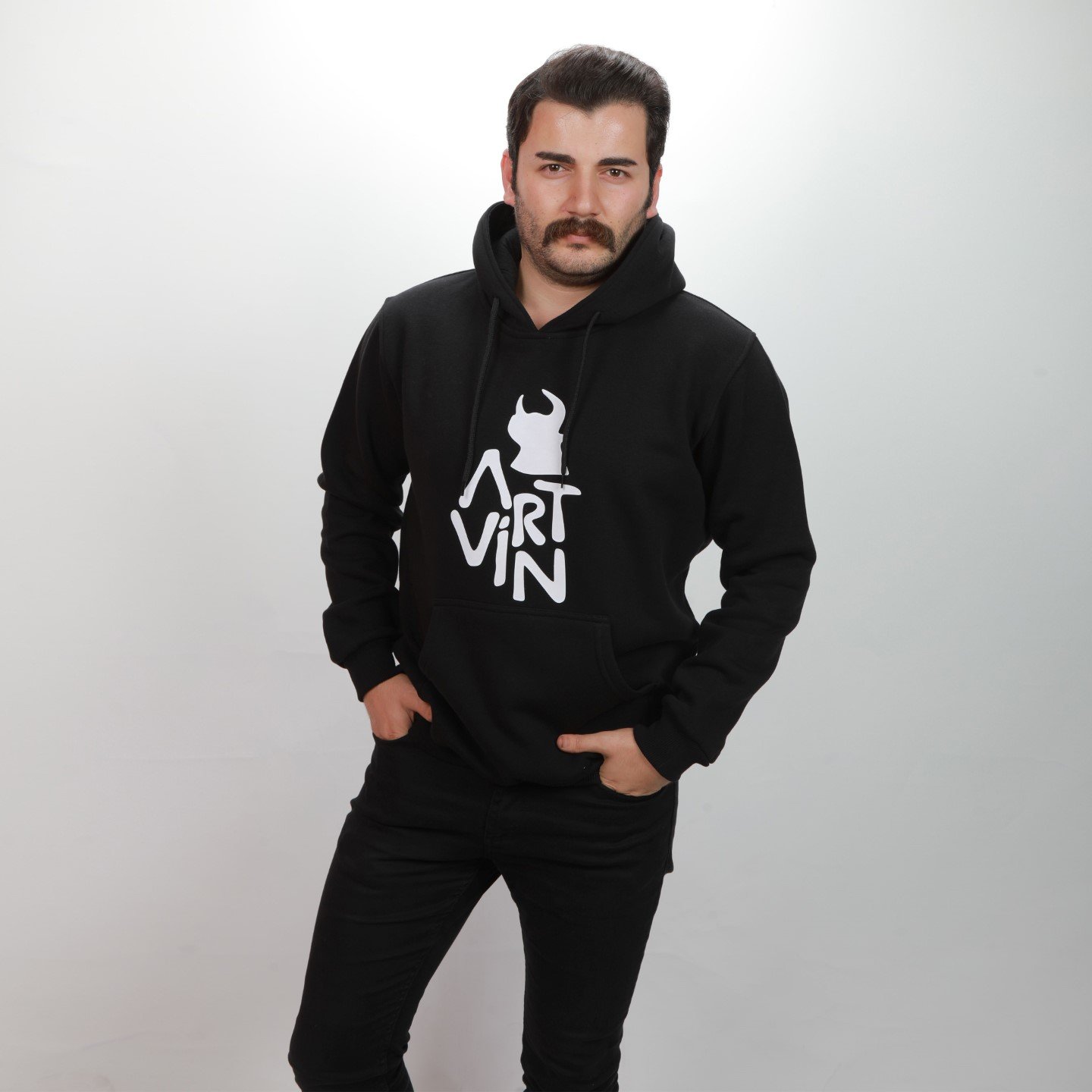 Artvin Logo Baskılı Kapüşonlu Sweatshirt / Siyah XL Beden