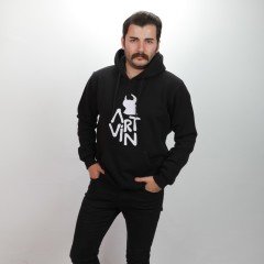 Artvin Logo Baskılı Kapüşonlu Sweatshirt / Siyah XL Beden