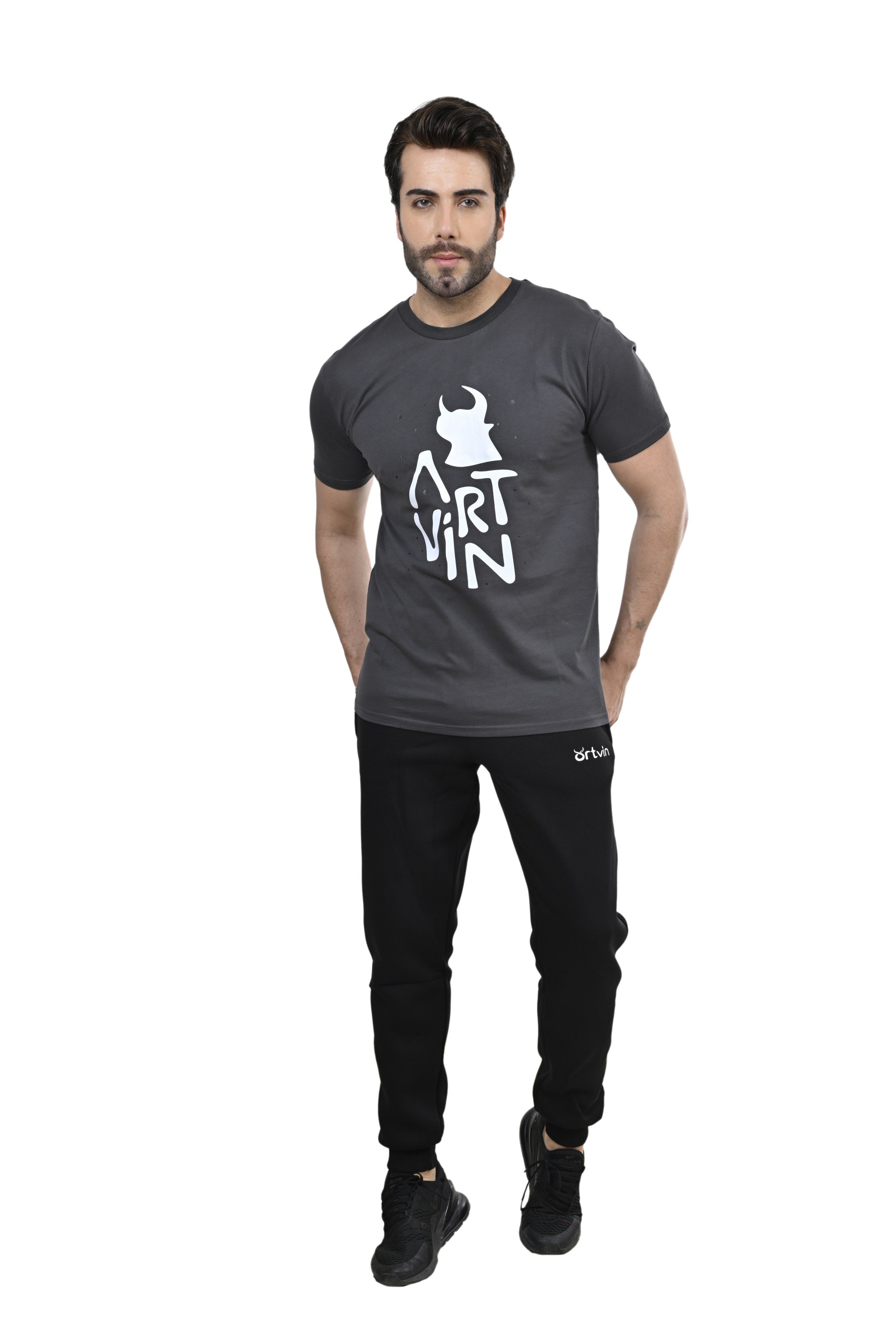 Artvin Logo Baskılı Bisiklet Yaka Tişört / Füme