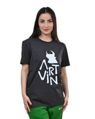 Artvin Logo Baskılı Bisiklet Yaka Tişört / Füme