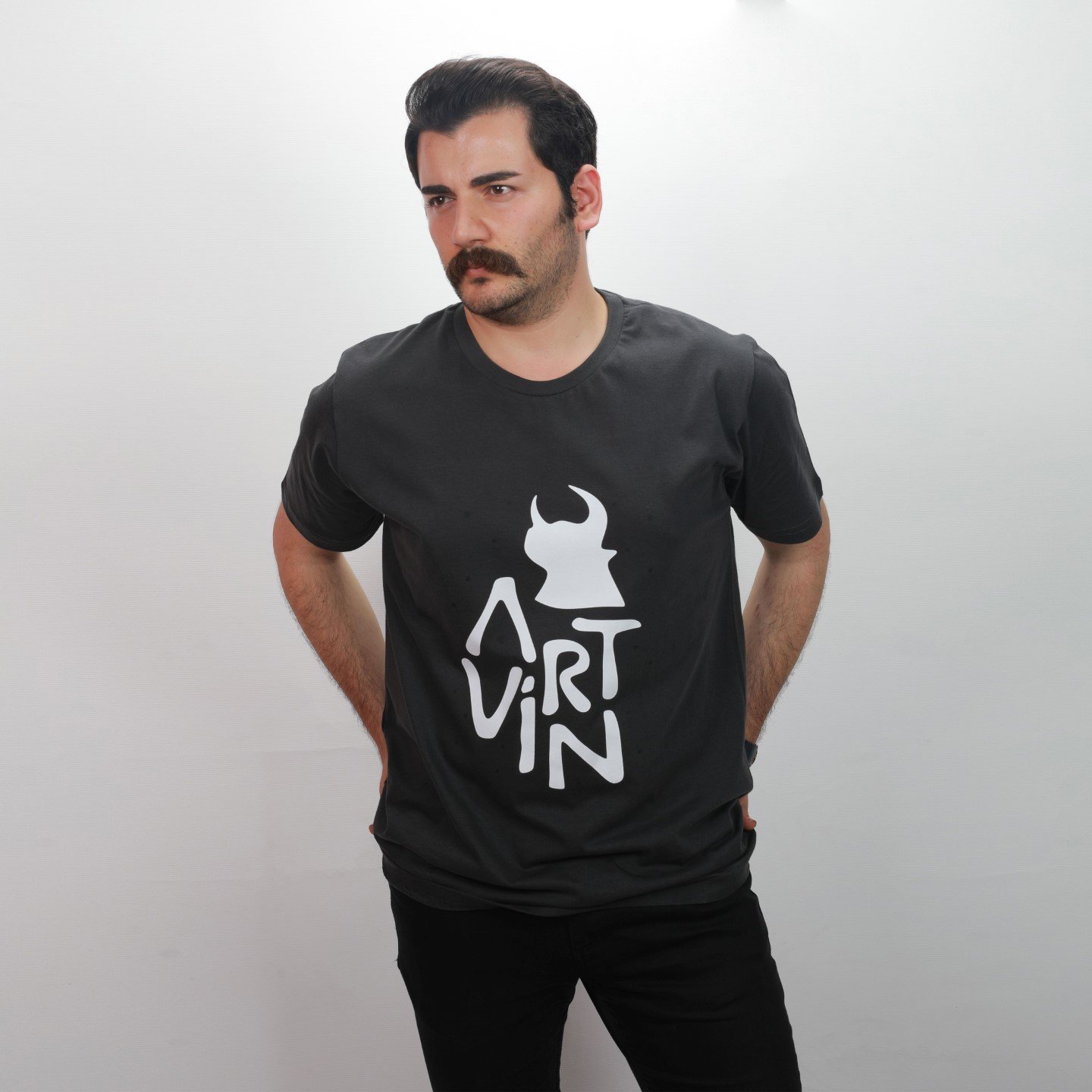 Artvin Logo Baskılı Bisiklet Yaka Tişört / Füme M Beden