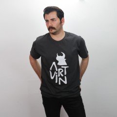 Artvin Logo Baskılı Bisiklet Yaka Tişört / Füme M Beden