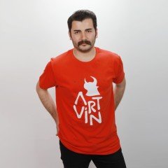 Artvin Logo Baskılı Bisiklet Yaka Tişört / Kırmızı L Beden
