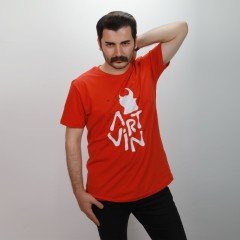 Artvin Logo Baskılı Bisiklet Yaka Tişört / Kırmızı L Beden