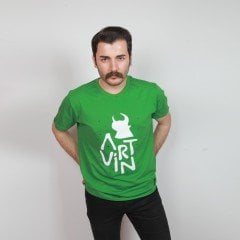 Artvin Logo Baskılı Bisiklet Yaka Tişört / Yeşil S Beden