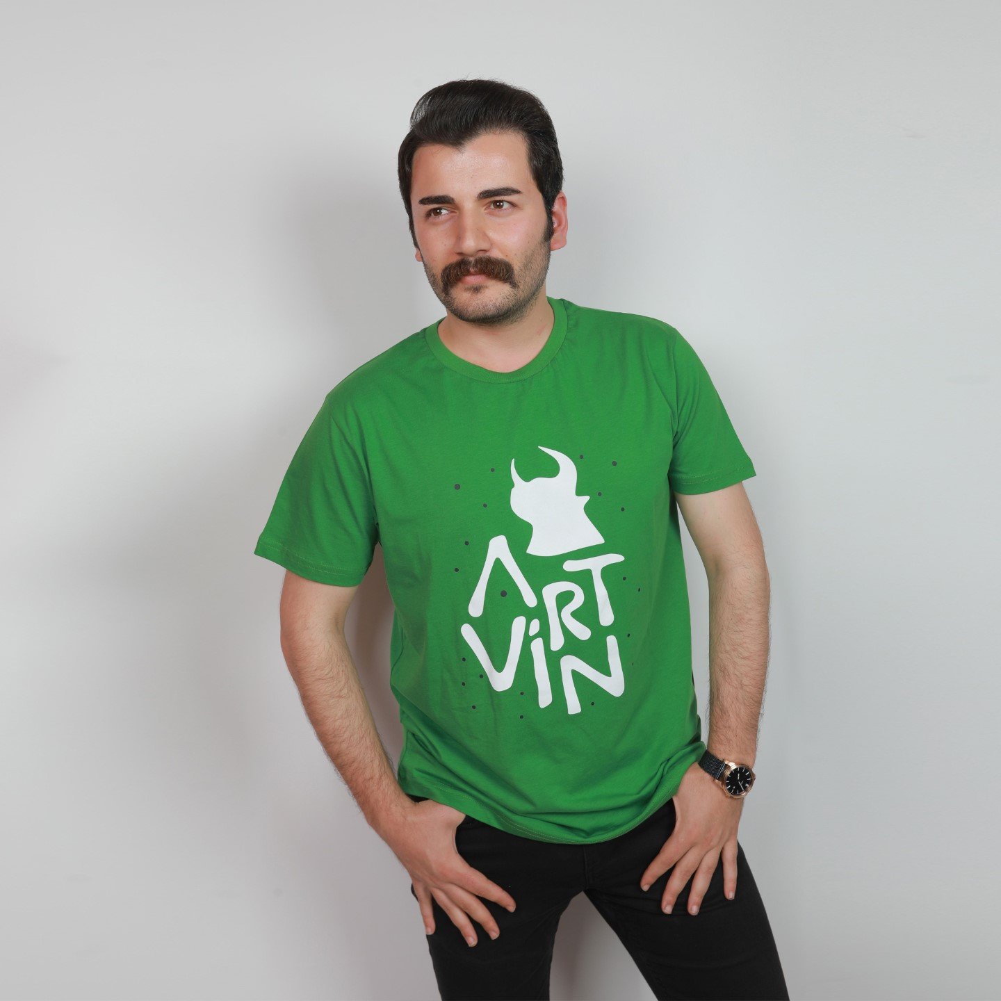 Artvin Logo Baskılı Bisiklet Yaka Tişört / Yeşil XL Beden