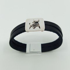 Artvin Boğası-1 Erkek Bileklik / 12 Mm Çift Deri Kayışlı Gümüş Kaplama 19,5 CM