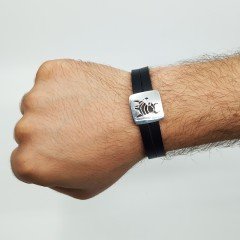 Artvin Boğası-1 Erkek Bileklik / 12 Mm Çift Deri Kayışlı Gümüş Kaplama 22 CM